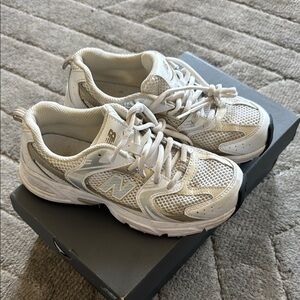 New Balance Mesh White and Gold Running Shoes